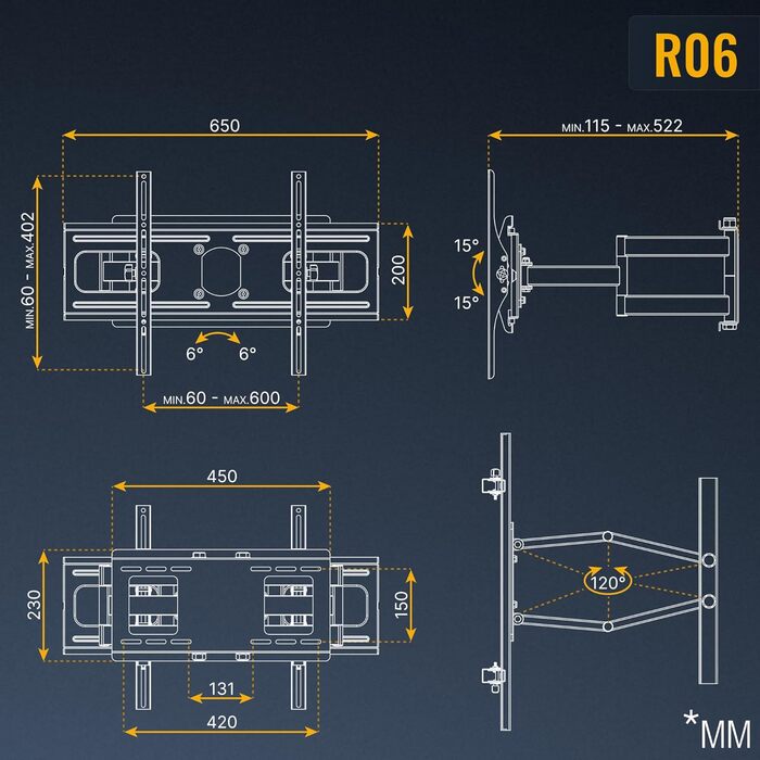Кріплення для телевізора RICOO S5144: поворотне кріплення для телевізорів 30-55 дюймів, універсальне, для плоских та вигнутих екранів, VESA 400x400 мм, до 50 кг