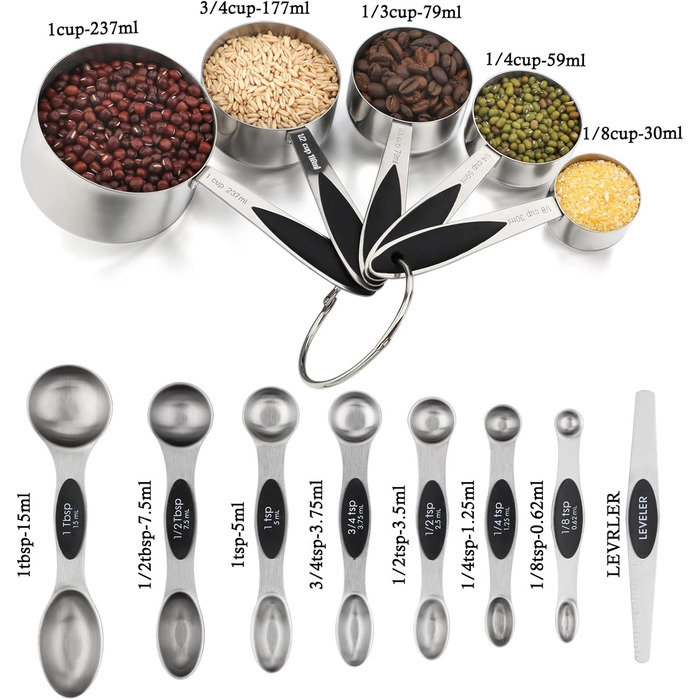 Measuring cup and spoon set includes 5 stainless steel measuring cups, 7 magnetic measuring spoons, and 1 leveler for dry or liquid ingredients (black)