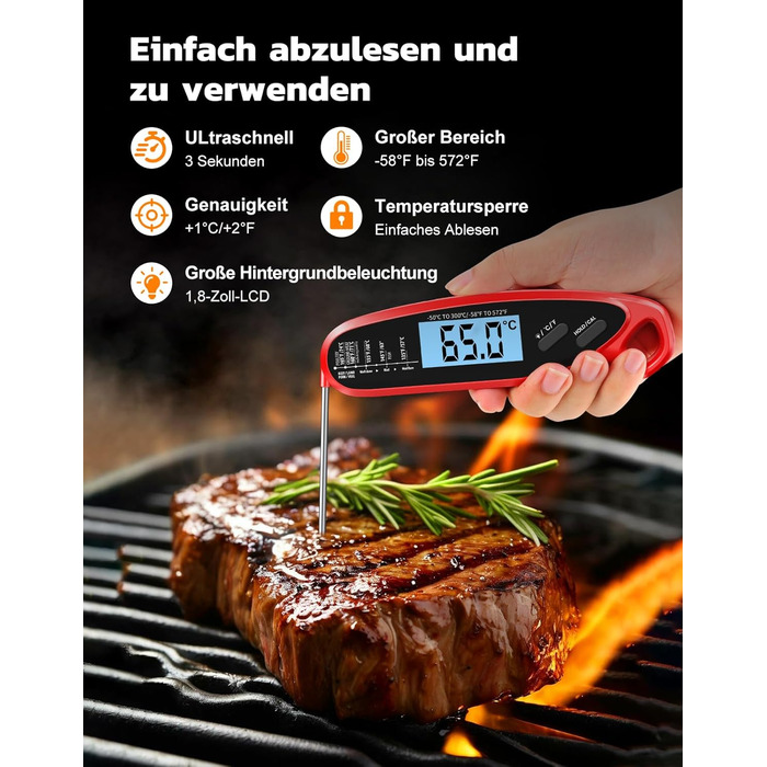 Термометр для м'яса Babacom з миттєвим відображенням та двома зондами, великим екраном, налаштуванням тривоги та калібруванням. Підходить для приготування на грилі, в духовці, для цукру та рідин.