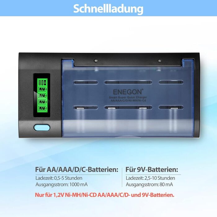 Зарядний пристрій ENEGON для акумуляторів AA/AAA/C/D/9V NiMH/NiCD з LCD дисплеєм та функцією розряду – 4 слоти, чорний