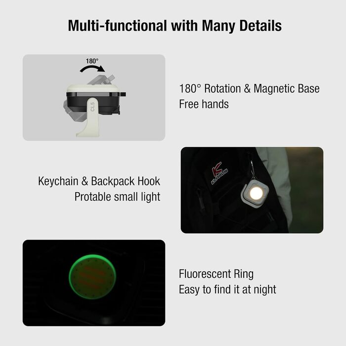 KLARUS CL5 Small Lightweight Camping Light, Rechargeable Work Light 1200 mAh, 650 lm Camping Lantern with 4 Brightness Levels, 4 Color Temperatures, Magnetic Base, Hook Function, IPX5 for Camping, Outdoor
