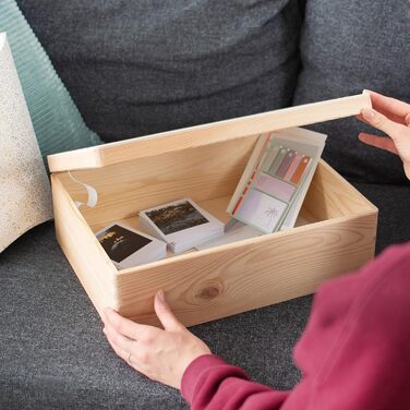 Wooden box with lid - 40x30x24cm, Natural, FSC® - Multi-purpose box without handles - Storage box | Memory box | Craft & Gift box (40 x 30 x 14 cm | L)