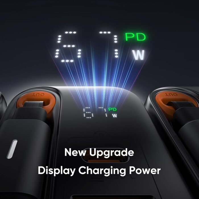 Мсдодо зарядний пристрій USB-C 67W з висувним кабелем, мережевий адаптер, швидка зарядка GaN, 3 порти, LED дисплей, чорний
