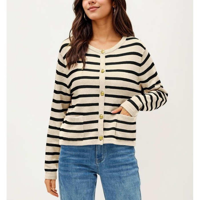 Жіноча коротка в'язана жилетка з двома кишенями на ґудзиках, смугаста, повсякденний осінній кардиган з круглим вирізом, модний в'язаний пуловер (L, Абрикосовий)