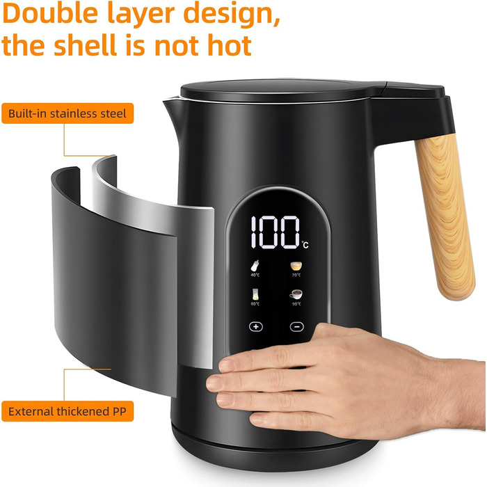 Електричний чайник Carehabi з регулюванням температури, 1.7 л, нержавіюча сталь, чорний, 40°C-100°C, 2200W, LED дисплей, подвійні стінки, функція підтримки тепла