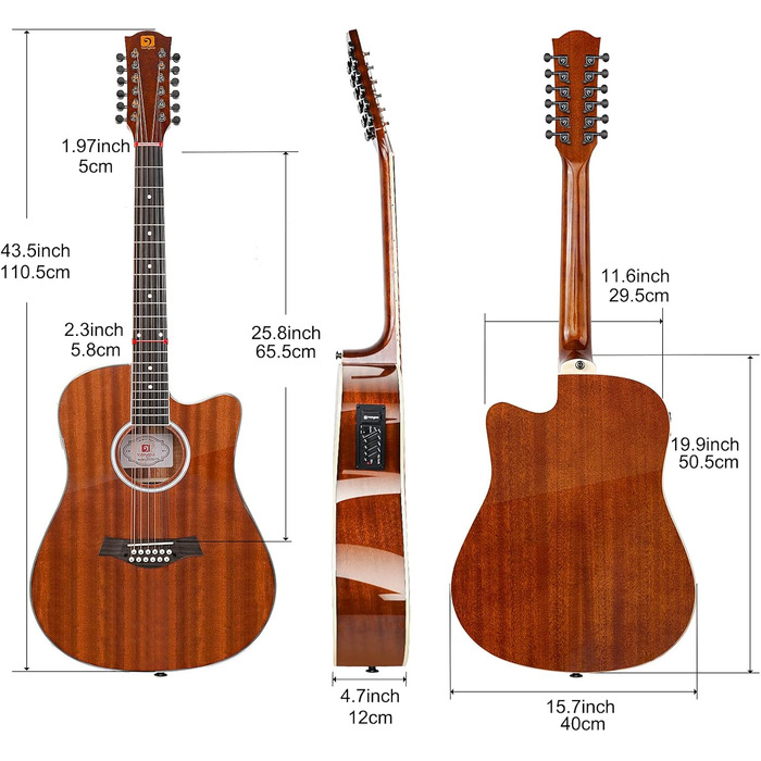 Електроакустична гітара Vangoa 12-струнна, 41 дюйм, коричнева, з підсилювачем та 4-х смуговим ЕQ