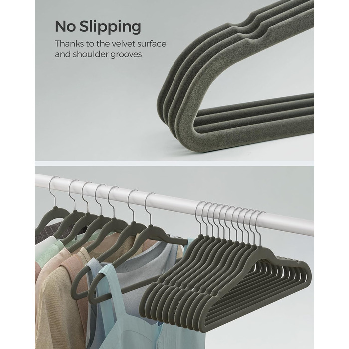 SONGMICS Плечики для одягу з оксамиту, 20 шт., для сорочок, жакеток, костюмів, 41.5 см, обертовий гачок, сірий