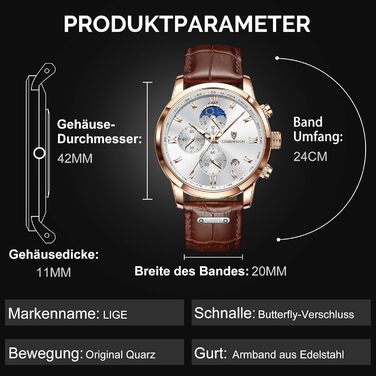 Годинник чоловічий LIGE Retro з шкіряним ремінцем, 3ATM водостійкий, аналоговий, з функцією свічення, фази місяця, з датою, коричнево-білий, хронограф