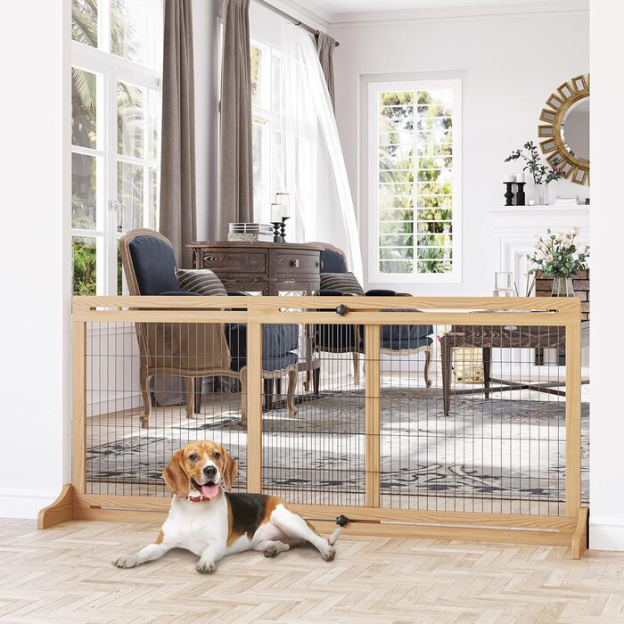 PawHut Wooden Pet Gate - Extendable Dog Barrier with Footrest, Freestanding Safety Gate for Stairs, Fireplace, Oven - 104-183 x 36 x 69 cm