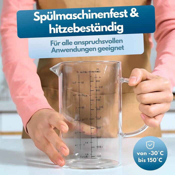 Measuring Cup Glass Set - 3 Pieces - High-Quality Handmade - Extremely Heat Resistant up to 150 Degrees - Suitable down to minus 20 Degrees - 1L, 500ml, 350ml - 2024