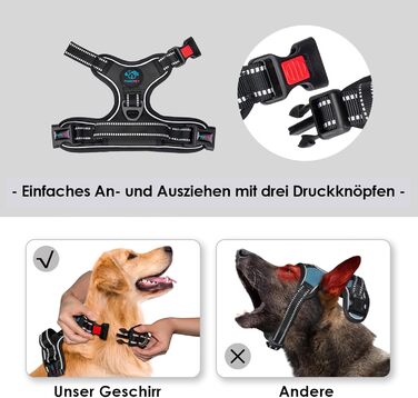 Шлейка для собак PHOEPET No Pull, чорна, розмір L - шлейка для прогулянок без натягування, з контролем та світловідбиваючими смугами