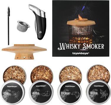 Набір для копчення віскі Toys4Boys - Преміум набір для копчення з дерев'яною кришкою, 4 арома-спіралі та запальничкою. Ідеальний подарунок для чоловіків. Набір для інфузії віскі без бутану, 4 арома-спіралі