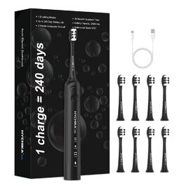 Електрична зубна щітка для дорослих з акумулятором 240 днів, 8 насадок, 3 режими, таймер 2 хв, IPX7 водонепроникна, чорна