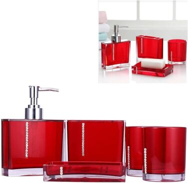 5-Piece Bathroom Accessories Set includes emulsion bottle, toothbrush holder, 2 rinsing cups, soap dish, plastic gift bath set, white (Red)