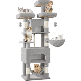 Кігтеточка для котів Hzuaneri, 176 см, XL, 3 платформи, 2 печери, 7 стовпчиків, гамак, плюшеві кульки, для багатокотових домівок, MS17618SG (Світло-сірий)
