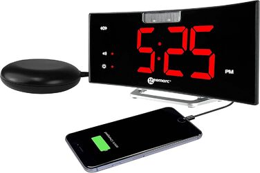 Alarm clock with a powerful 95dB alarm, vibrating pad, large display, and strobe light - The Geemarc Wake 'N' Shake Curve will wake you from deep sleep - USB charging port - Version DE
