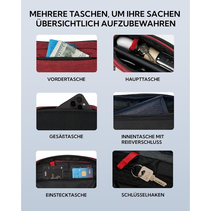 WATERFLY Поясна сумка на пояс для чоловіків та жінок: спортивна сумка на талію, поясна фанка, для подорожей, прогулянок з собакою, активного відпочинку (Тьмяно-червоний)