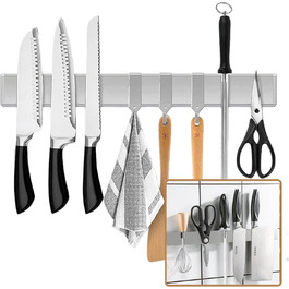 Improved 50cm Trhillsbrad Magnetic Knife Strip, 50cm Magnetic Knife Holder with 3 Hooks Stainless Steel Knife Rail Self-Adhesive, Silver Wall Mount Magnetic Strip No Drilling Knife Holder