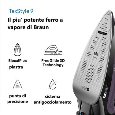 Праска з парою Braun TexStyle 9 SI9661VI з технологією FreeGlide 3D, вертикальна праска, функція Anti-Tropf, резервуар 330 мл, 260 г/хв, 3200 Вт, фіолетовий колір