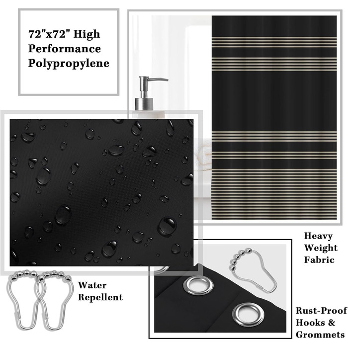 Набір аксесуарів для ванної кімнати Britimes, чорний: шторка для душу, сміттєвий бак, дозатор мила, тримач для унітазу, тримач для зубних щіток та стаканчик для зубних щіток