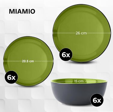 MIAMIO Набір посуду на 6 осіб, 24-частинний, збірний сервіз з тарілок, мисок, чашок та супових тарілок, серія Le Papillon (зелений)