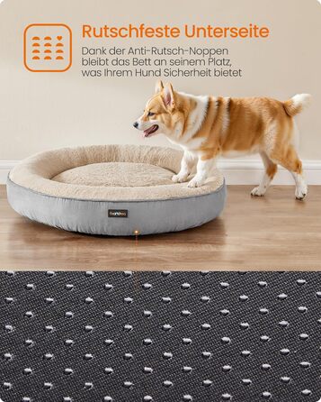 Ліжко для собак і котів Feandrea Donut, 70 см, світло-сіре, плюш, кругле, 80x80x18 см