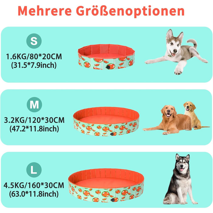Басейн для собак Demigreat, 80/120/160 см, складаний, PVC, для великих та малих собак, (M: 120x30 см, кавун)