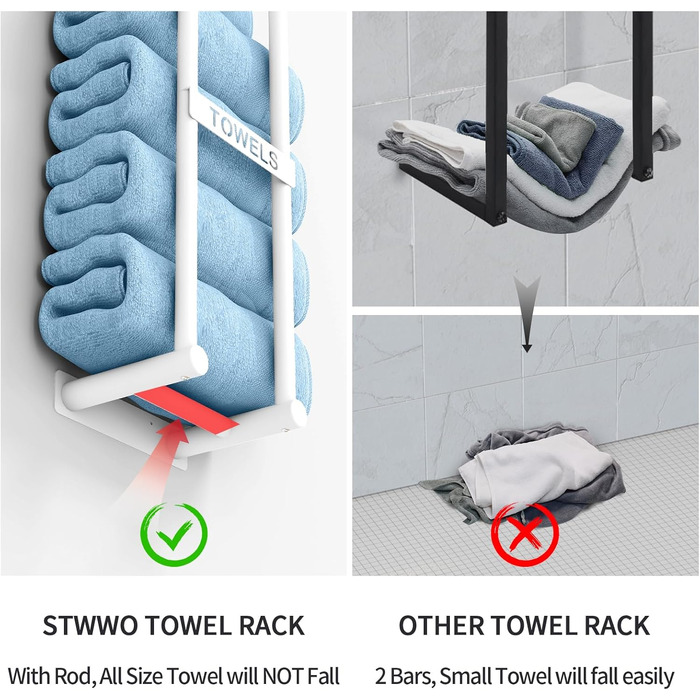 Тримач для рушників на стіну, велика полиця для рушників у ванну кімнату, металевий, білий, 56 см