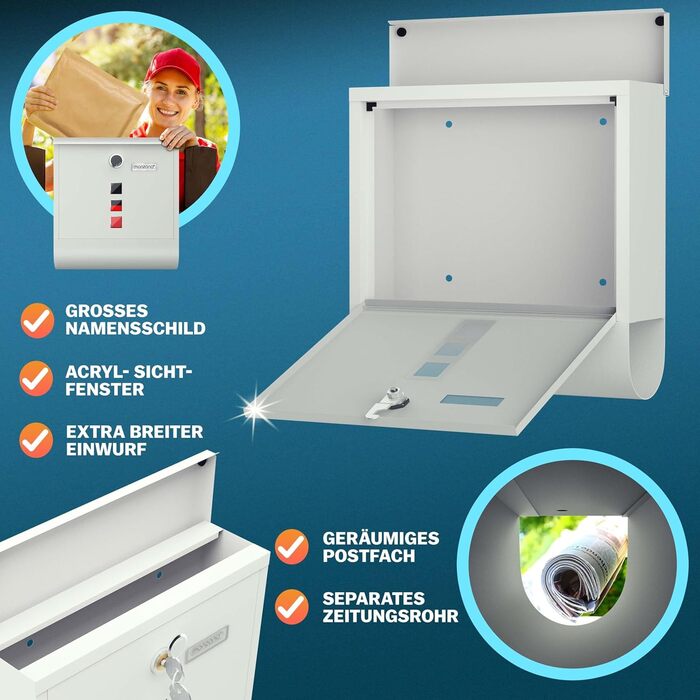 Поштовий ящик Monzana Kreuzschloss з мідним циліндром, поворотна кришка 31x10x34 см, вікно, табличка для імені, відділ для газет, сталь, 2 ключі, чорно-срібний (білий)