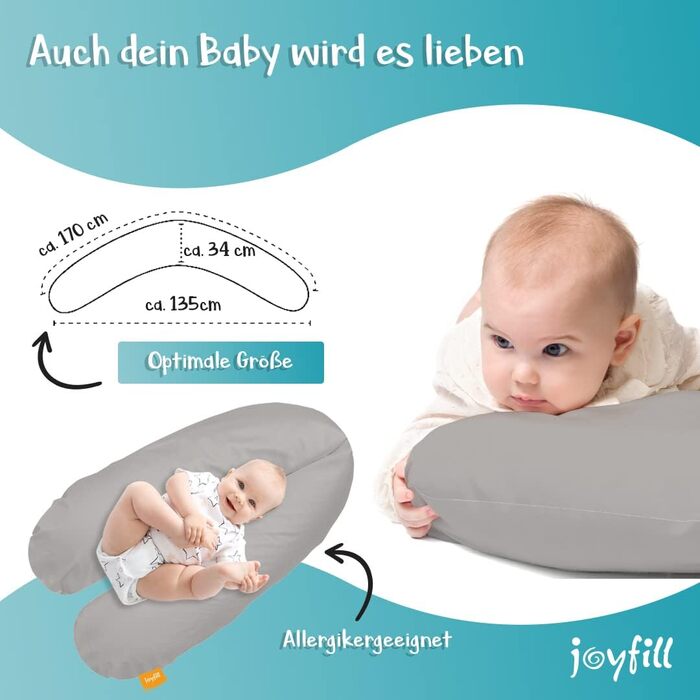 Подушка для вагітних та годування Joyfill Premium 170 см, мікроперлини, сіра, для сну та годування, тихий і комфортний наповнювач, зроблено в Німеччині