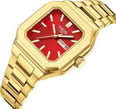 Годинник чоловічий NIBOSI: кварцовий, з нержавіючої сталі, мілітарний стиль, водостійкий, класичний, квадратний, для бізнесу, золотий/червоний
