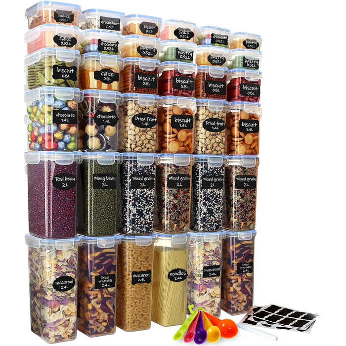 Набір контейнерів для зберігання продуктів 36 шт. з універсальною кришкою – 1 кришка для всіх 5 розмірів, герметичні та BPA-free, прозорі контейнери для їжі, з мірною ложкою та етикетками (2,4/2/1,4/0,8/0,5 л)