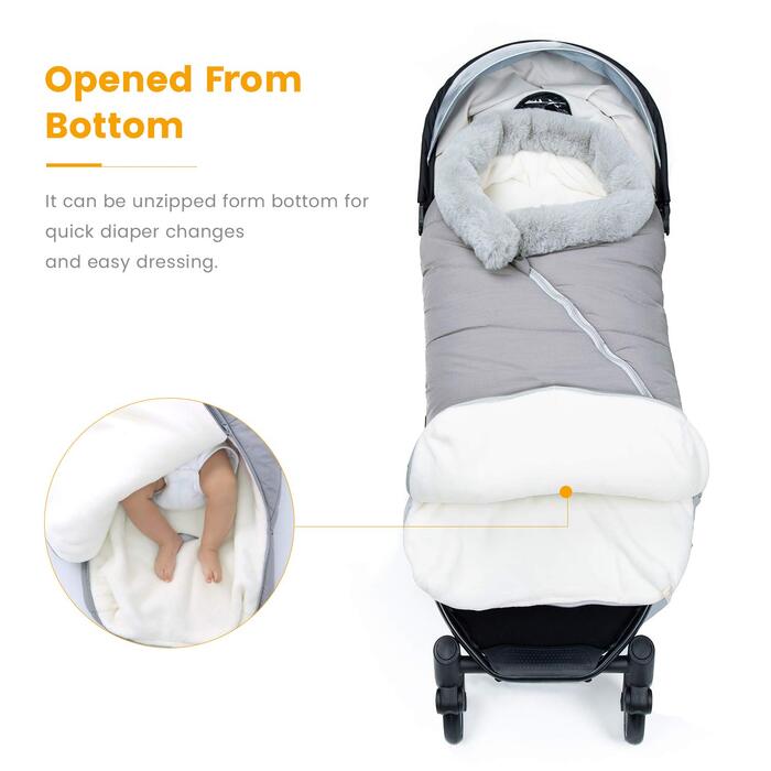 Orzbow Baby Footmuff Stroller Winter Footmuff Buggy, Baby Sleeping Bag Car Seat Winter, with Two-Way Zipper Washable Detachable Faux Fur Collar Fits All Strollers (Light Grey)
