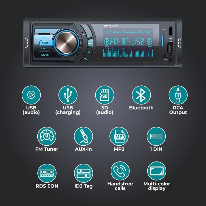 Автомагнітола Caliber 1DIN Bluetooth, FM-тюнер, 4x75Вт, USB/MicroSD, зарядка 2.1A, AUX, гучний зв'язок, зовнішній мікрофон, RCA вихід, регулятор підсвітки, 85мм, підтримка MP3/WMA/APE/FLAC