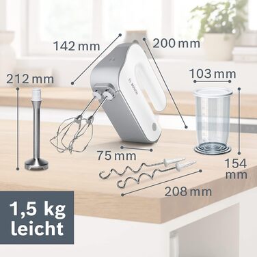 Міксер Bosch Styline MFQ4075DE: 550 Вт, 5 швидкостей + турбо, 2 віна, 2 гаки для тіста, блендер, чаша, білий/срібний