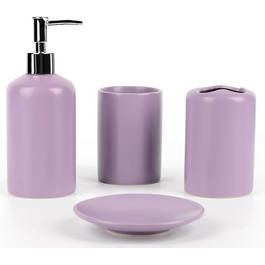 WPM 4-Piece Ceramic Bathroom Accessories Set – Purple – Our complete bathroom decor set includes a designer soap dispenser or lotion dispenser, toothbrush holder, cup, and soap dish.