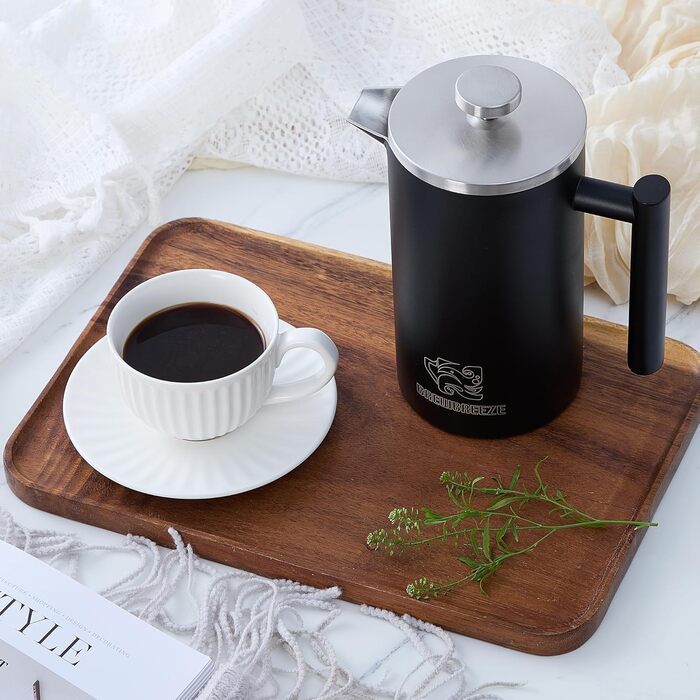 Набір для приготування кави френч-прес: термоізольований, з молочний пінозбивач, з нержавіючої сталі (матова чорна), 1 літр