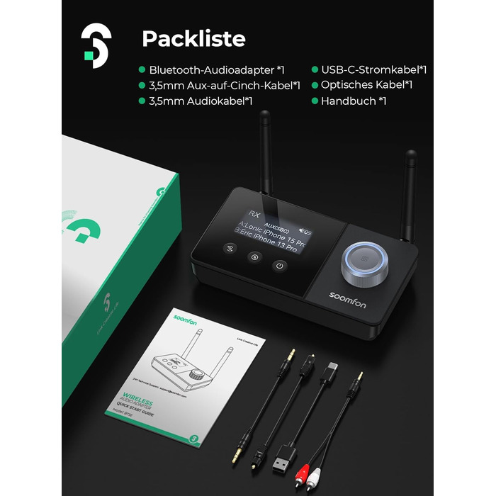 SOOMFON Bluetooth 5.3 Передавач-Приймач для 2 навушників, 3-в-1 Аудіоадаптер з подвійною антеною, Bluetooth Передавач-Приймач для ТВ/Стереосистеми, з регулюванням гучності, Aux/Cinch/Оптичний