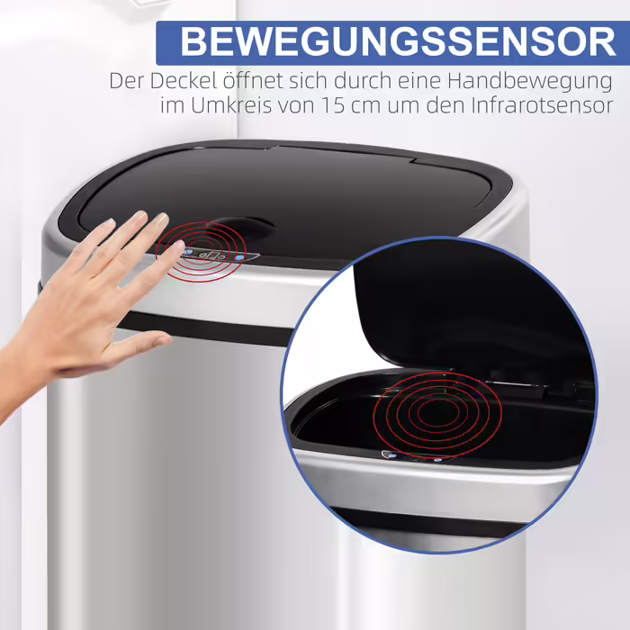 HOMCOM 48L Trash Can with Infrared Sensor, Hygienic, Stainless Steel in Silver, L40.5 x W29.5 x H68 cm for Effortless Disposal