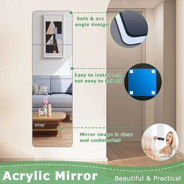 Настінний дзеркало на клейкій основі, 4 шт., акрил, самоклеючий, безпечний, велике дзеркало для ванної кімнати, фітнесу