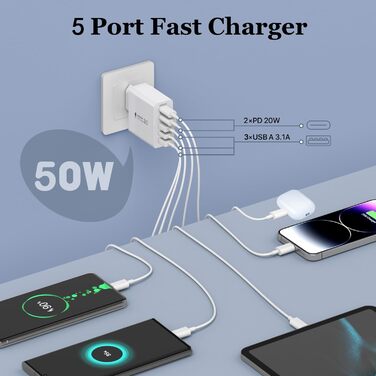 Зарядний пристрій USB-C 50W, 5 портів: 2 USB-C + 3 USB-A, Fast Charge PD 3.0, сумісний з iPhone, Samsung, планшетами - Білий