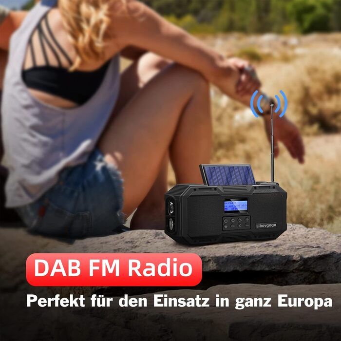 Портативне радіо Libovgogo DF-588D DAB+ FM з Bluetooth, водонепроникний корпус, сонячна панель, Powerbank 4000mAh, ліхтарик, стробоскоп, нічник, будильник