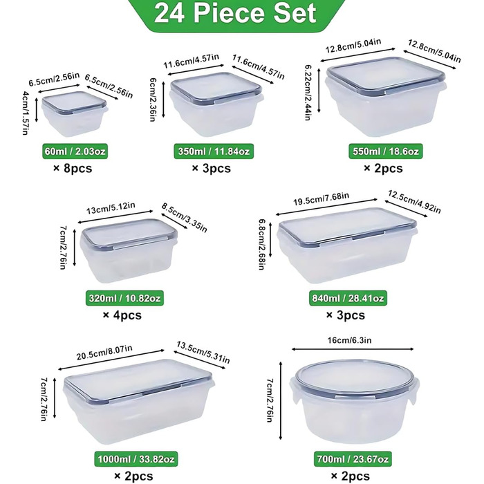 Контейнери для зберігання їжі 48er з кришкою, набір контейнерів для Meal Prep, 24 контейнери + 24 кришки, герметичні та стійкі до протікання, BPA-free, придатні для миття в посудомийній машині, заморожування та використання в мікрохвильовій печі, BXH-24