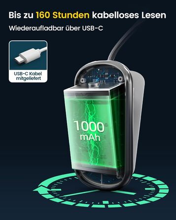 Glocusent Posh Premium Лампа для читання з кріпленням на книгу та таймером, 16 LED, акумулятор, час роботи 160 годин, 1800K, м'яке світло, 3 кольори та 5 рівнів яскравості, ідеально для читачів