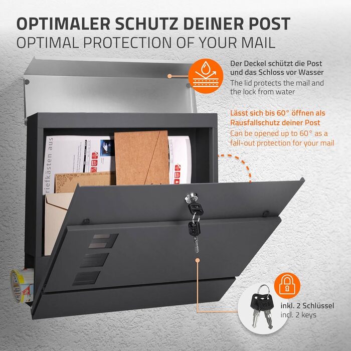 Поштова скринька настінна ECD Germany з газетницею, антрацит/срібло, 37x10.5x36.5 см, нержавіюча сталь, вікно огляду, 2 ключі, кріплення. Сучасний дизайн.