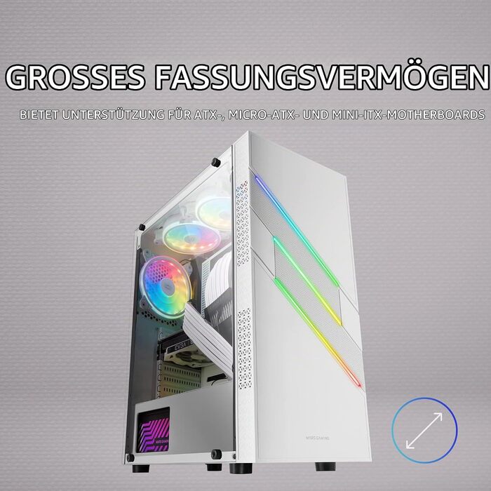 Ігровий корпус для ПК Mars Gaming MC-U3 White, ATX XL, 3 ARGB вентилятори 120мм, загартоване скло