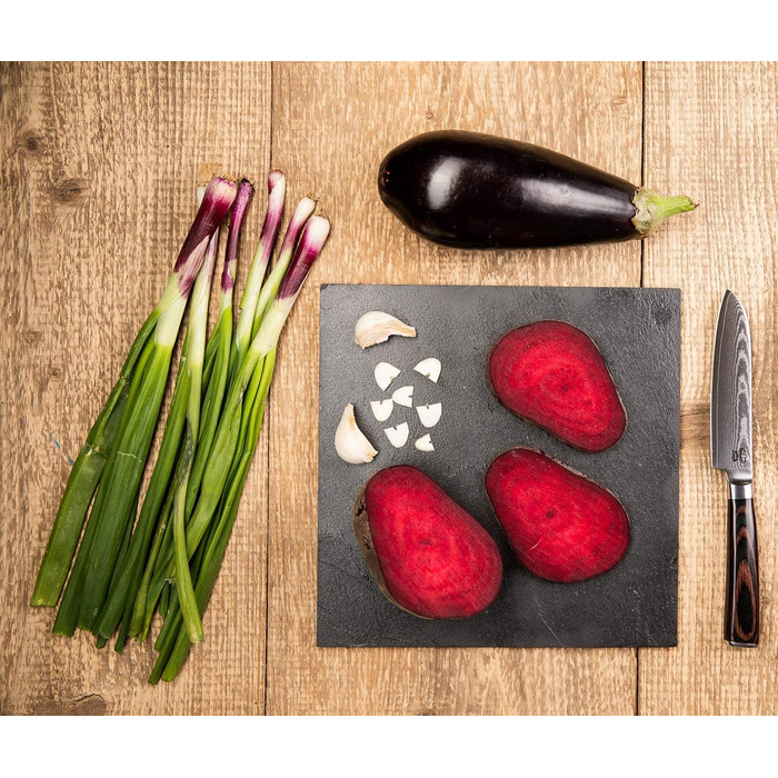 Ніж Santoku ZEUß з дамаської сталі (24 см) - професійний кухонний ніж з дамаської сталі 67 шарів, з точильним каменем, дерев'яною ручкою, захистом леза та подарунковою коробкою (сірий)