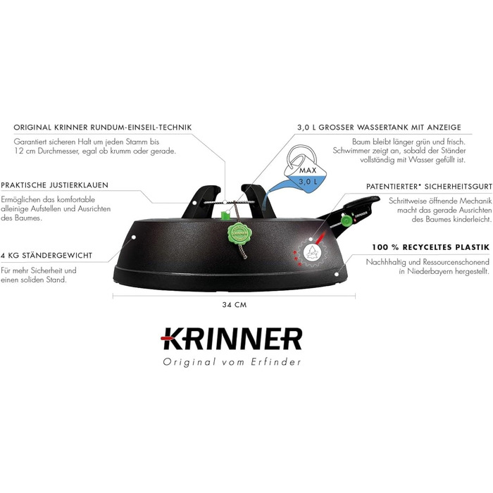 KRINNER® Green Line Comfort Grip S Recycling Christmas tree stand, including foot pedal single-rope system with 3-liter water tank for tree heights up to 2.3m. Made in Germany 94219, Black
