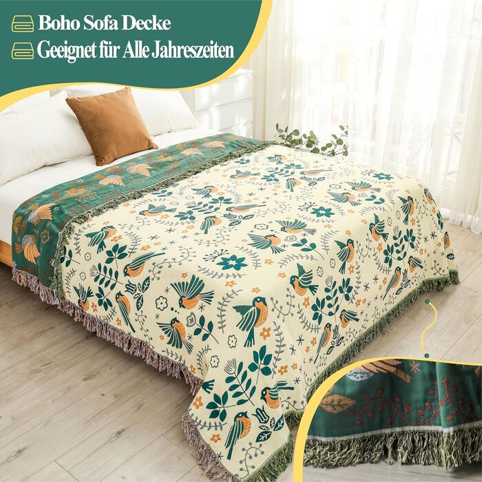 HOORDRY Boho Throw Blanket for Bed - 100% Cotton Ultra Soft Rustic Quilt - Bird Floral Printed Farmhouse Decor Bedspread, 200×230CM All Season Rustic Throw for Sofa Couch Chair Green Bird 200×230CM