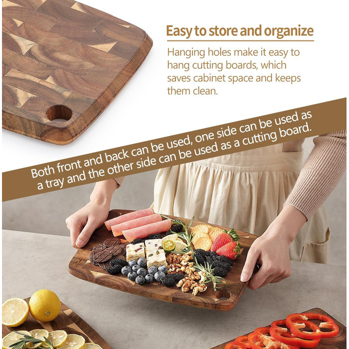 XINZUO 33 * 22 * 1.9cm Acacia Wood Brainwood Cutting Board, Double-Sided, Wooden Board Kitchen Chopping Boards, Serving Board, Bread & Snack Board, Breakfast Board for Bread, Cheese, Meat, Vegetables